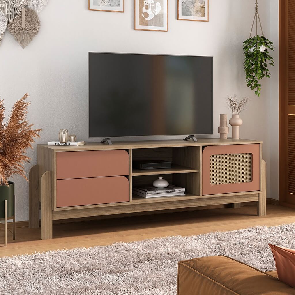 Pinhais Tv Stand - Oak/ Terracotta, Clean-Line Look? Solved!