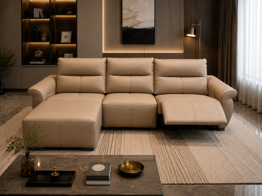 Lenarara Recliner sofa with Left side Recliner and right side with ottoman, Light Brown