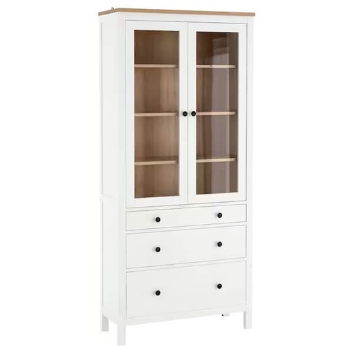 HEMNES Glass-Door Cabinet with 3 Drawers, White Stain, Light Brown