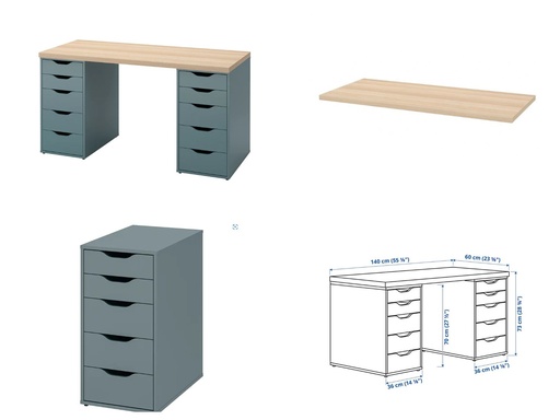 IKEA LAGKAPTEN - ALEX desk white stained oak effect grey turquoise 140x60 cm