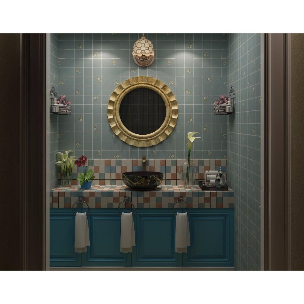 Blue Square Tiles with Flower Pattern Wallpaper with Idiya